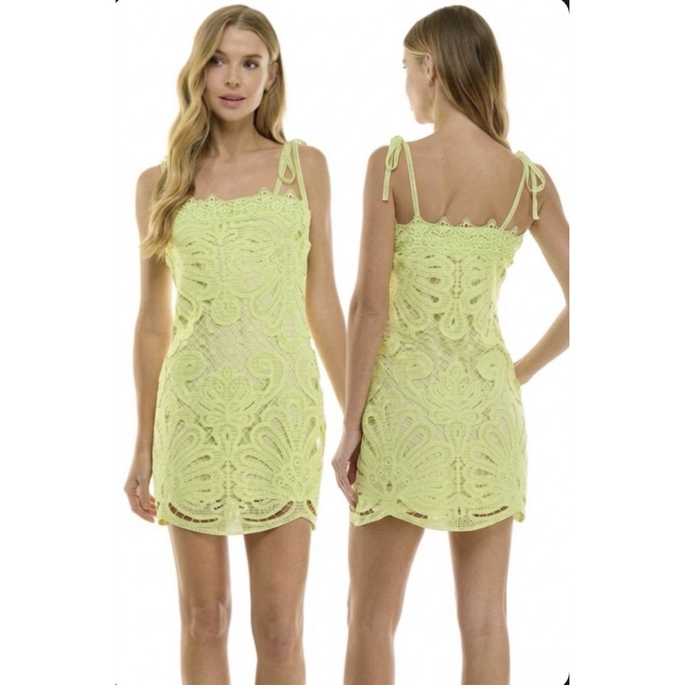 Crochet Lace Mini‎ Dress Yellow Lime Sleeveless Tie Straps Resort Garden Party M